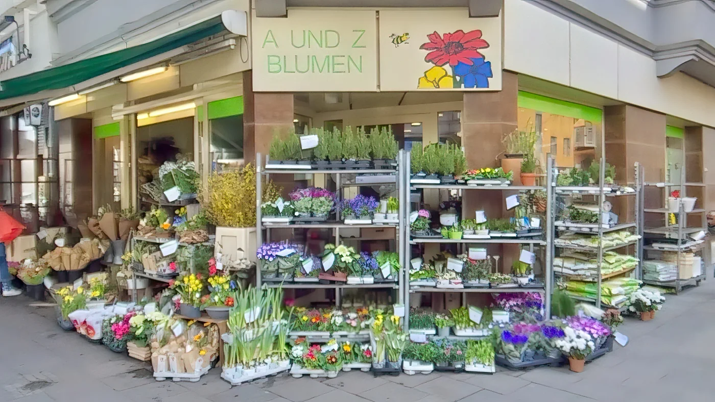 A Z Blumen Ladenfassade Markise Logo Blumen Pflanzen Regalen Boden Straße Gehweg Gebäuden Blumen Köln Agnes-Viertel